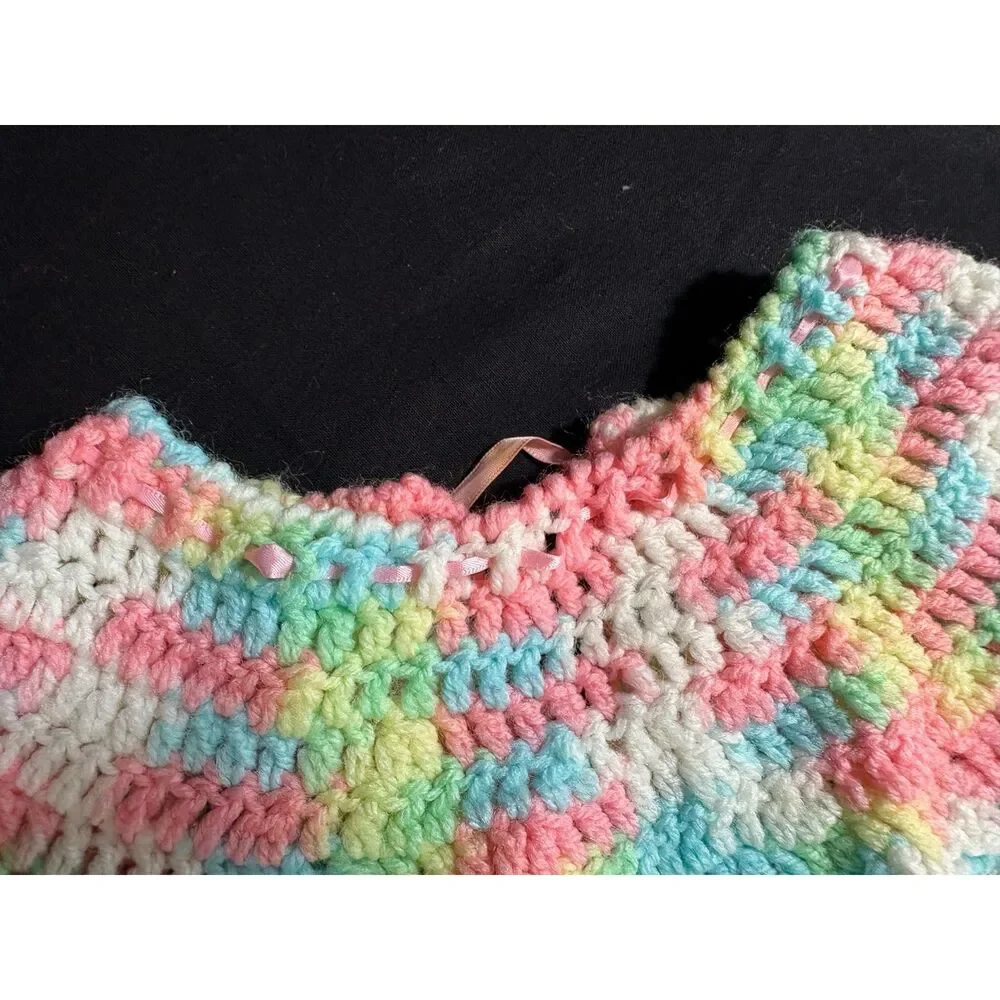 Sweet Vintage Handmade Crochet Baby Cardigan Sweater – Pastel Rainbow/Ribbon Tie